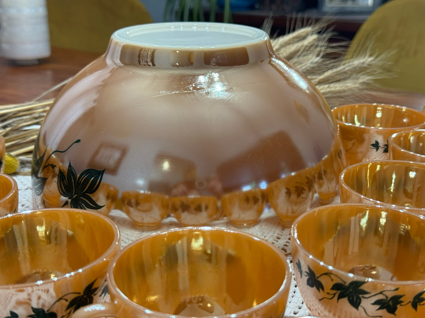 Anchor Hocking Fire-King Peach Luster 'Green Ivy' Punch Bowl Set