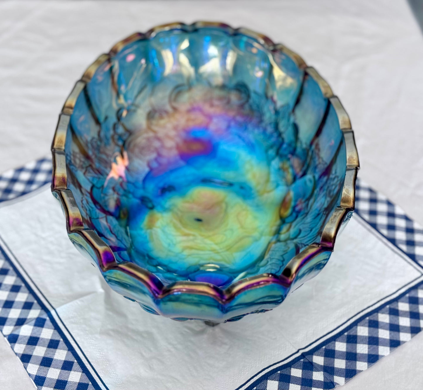 Indiana Blue Carnival Glass Oval Harvest Fruit Bowl