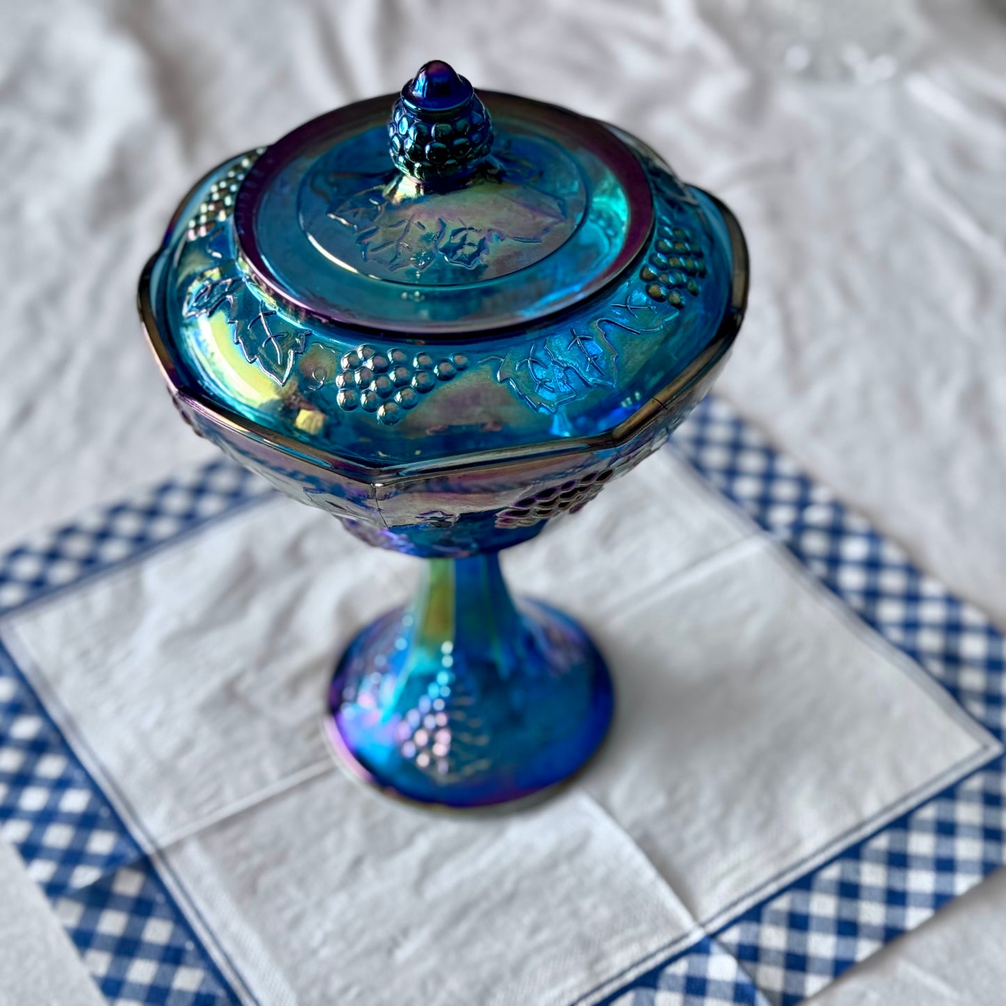 Indiana Blue Carnival Glass Pedestal Compote Dish with Lid