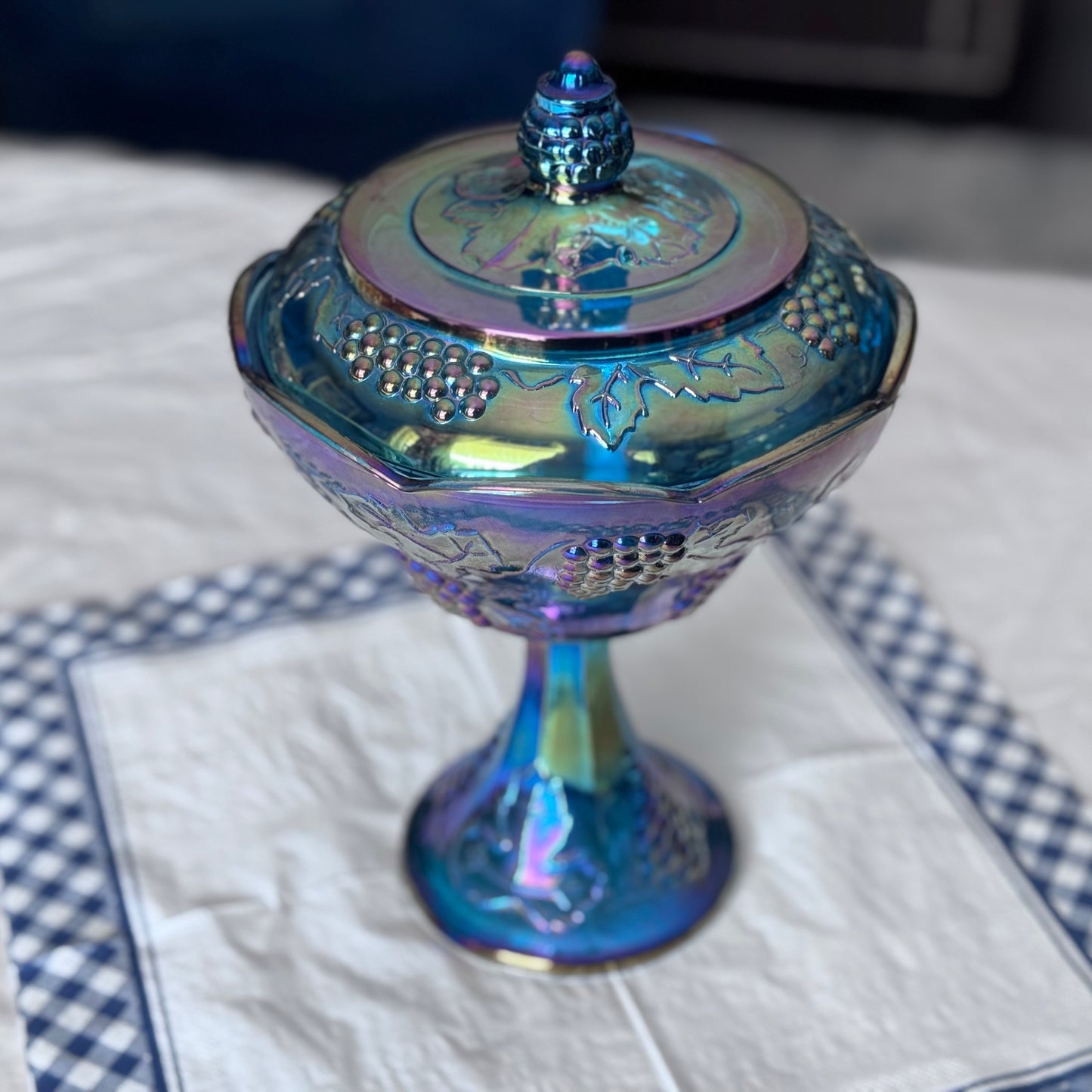 Indiana Blue Carnival Glass Pedestal Compote Dish with Lid