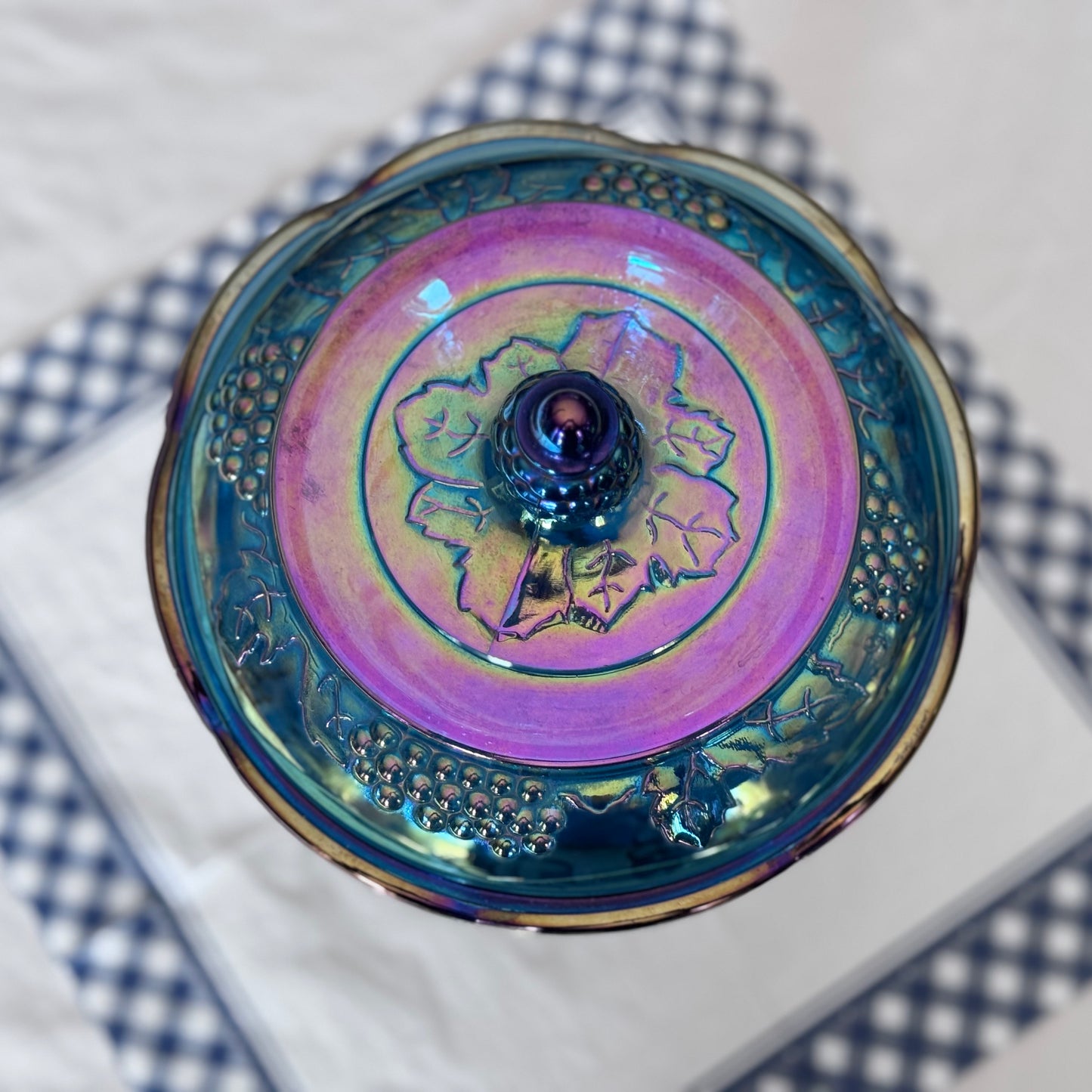 Indiana Blue Carnival Glass Pedestal Compote Dish with Lid