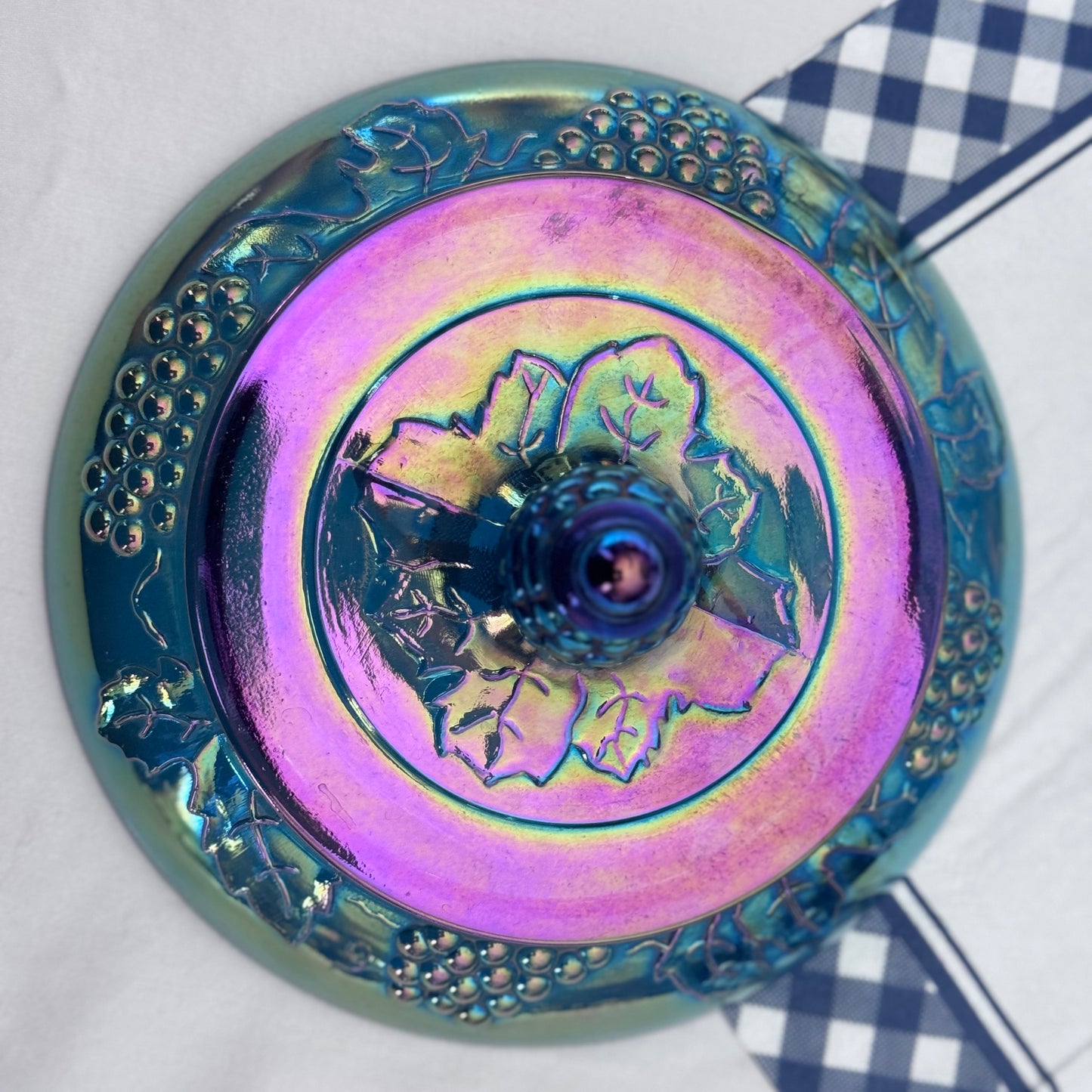 Indiana Blue Carnival Glass Pedestal Compote Dish with Lid