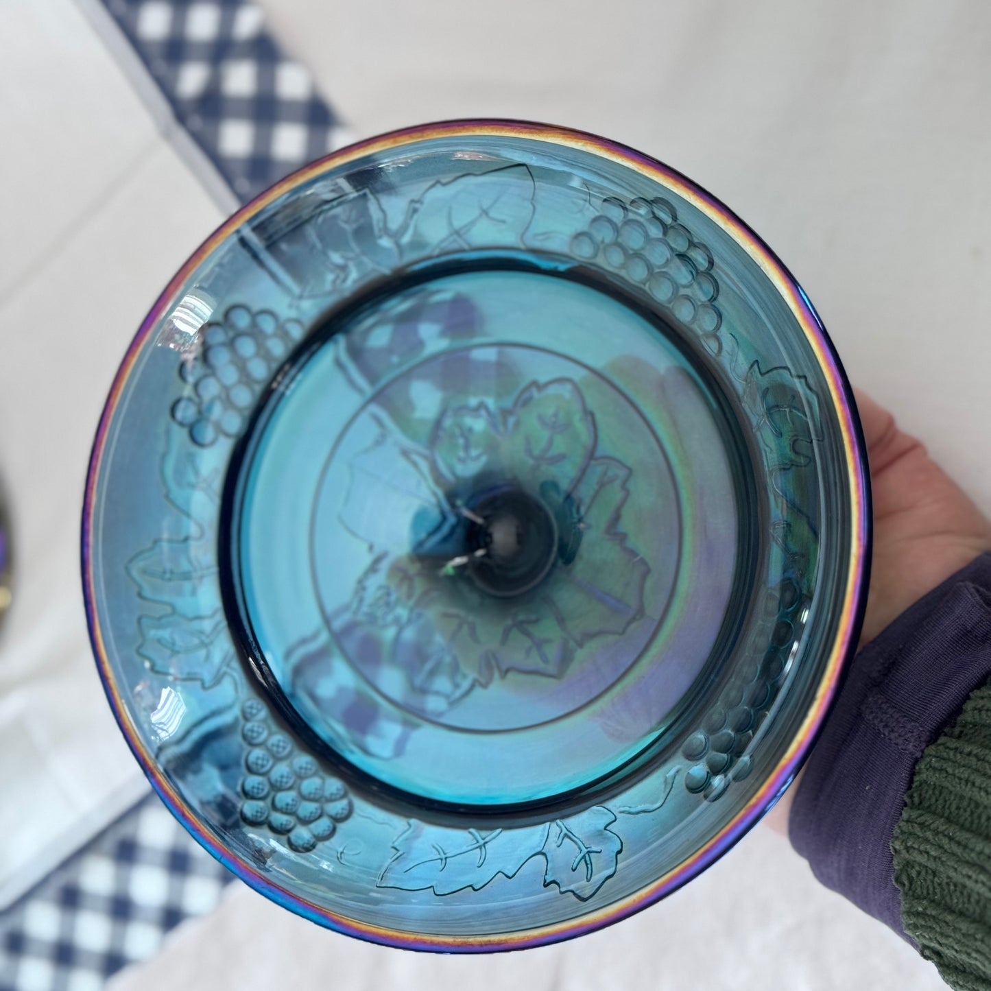 Indiana Blue Carnival Glass Pedestal Compote Dish with Lid