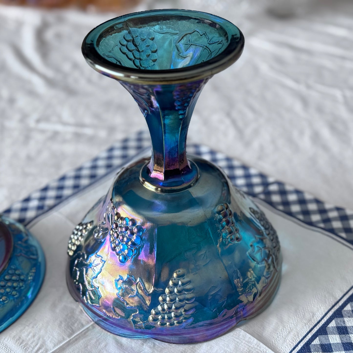 Indiana Blue Carnival Glass Pedestal Compote Dish with Lid