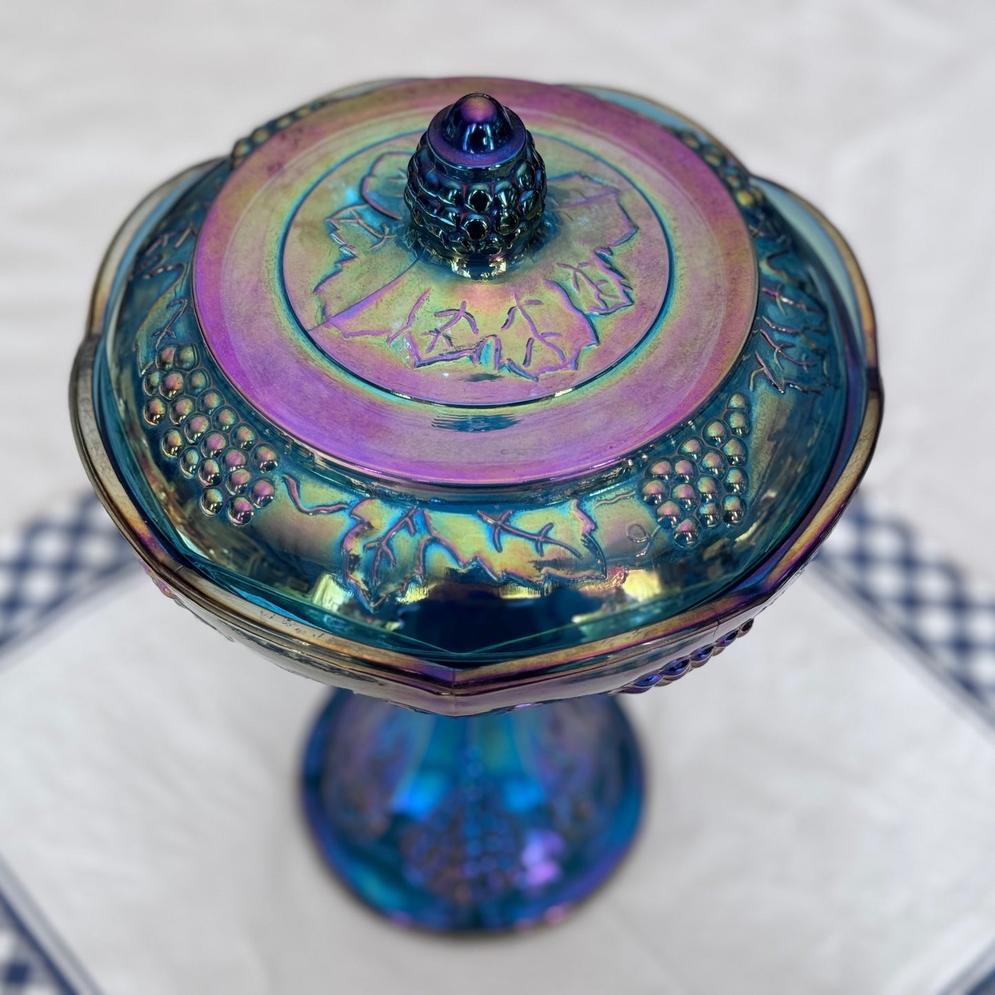 Indiana Blue Carnival Glass Pedestal Compote Dish with Lid