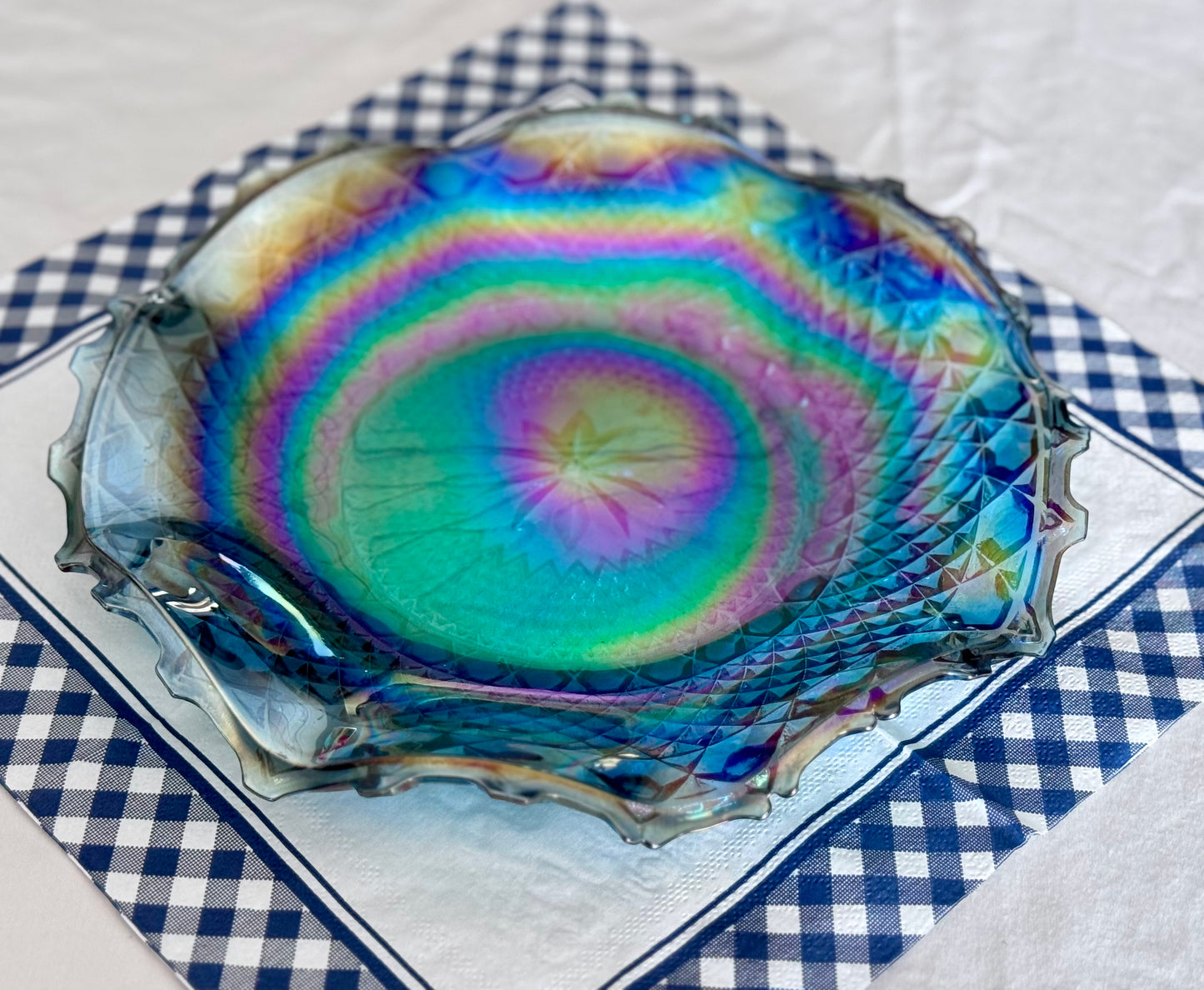 Blue Indiana/Carnival Glass Ruffled Plate