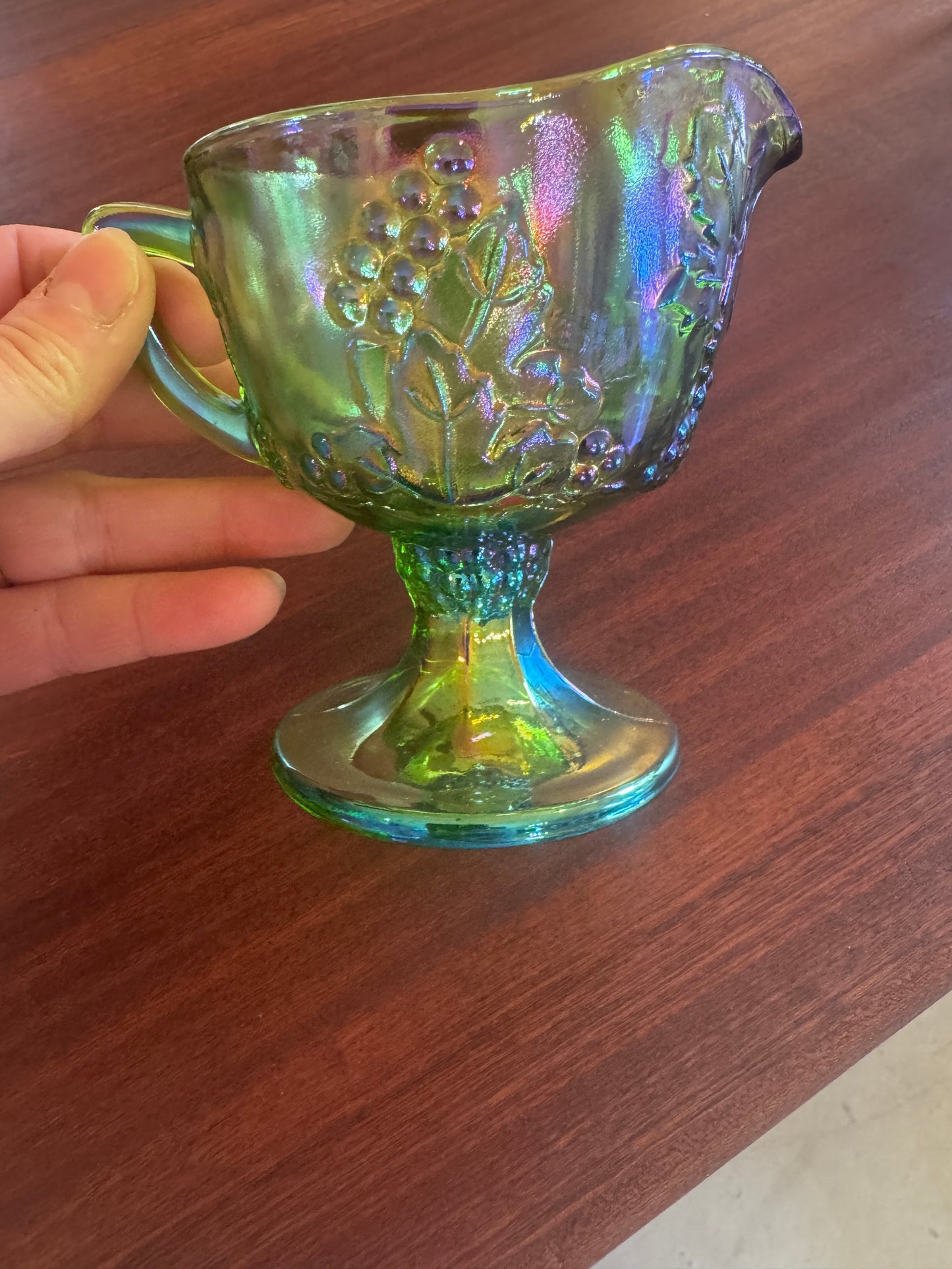 Green Harvest Grape Carnival Glass Creamer