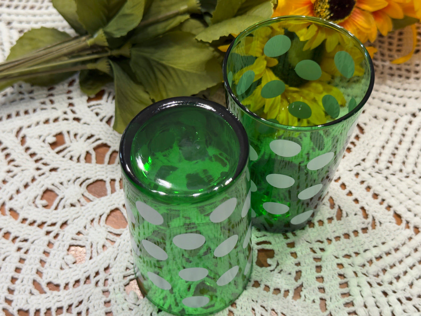 Anchor Hocking Forest Green Polka Dot Glasses