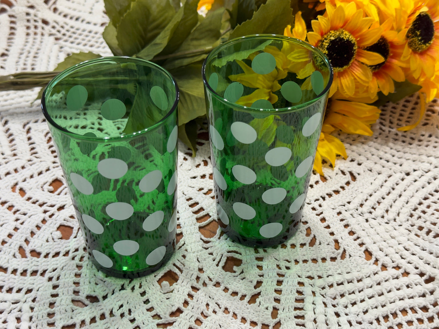 Anchor Hocking Forest Green Polka Dot Glasses