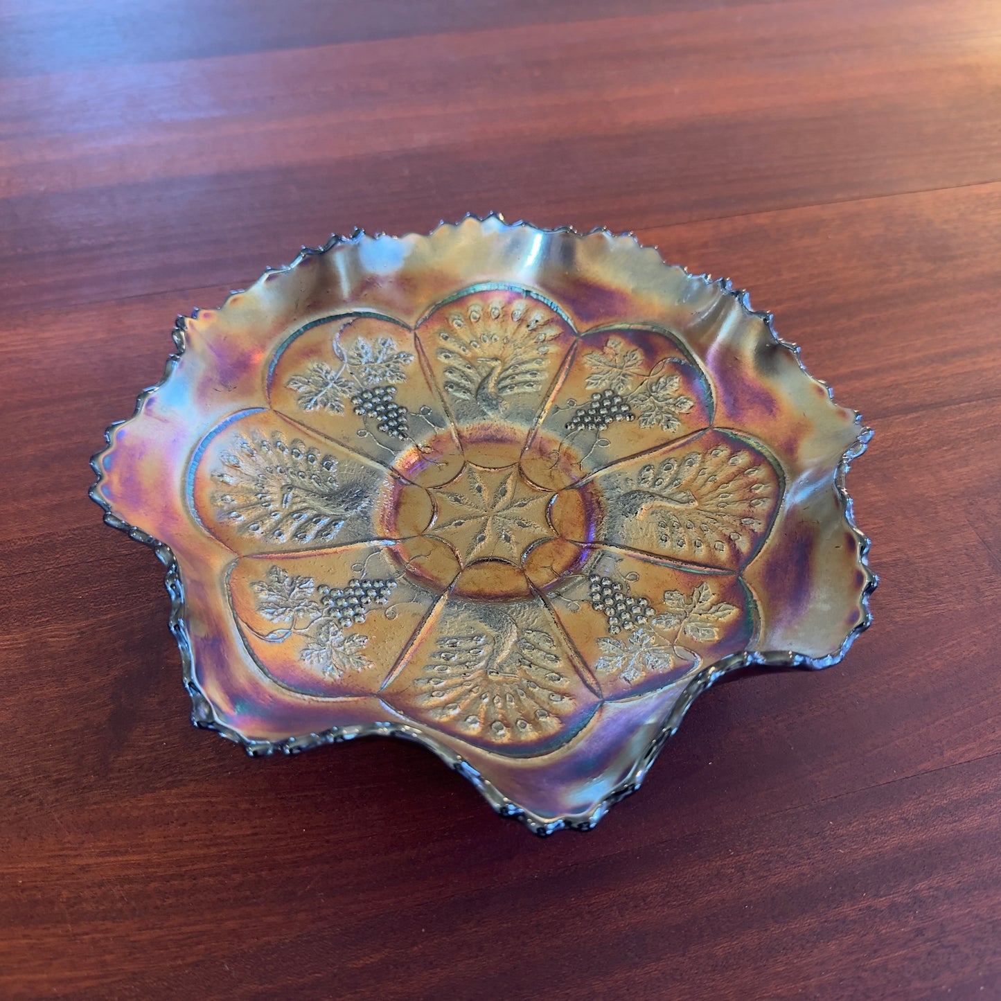 Vintage FENTON Peacock & Grape Electric Blue Carnival Glass Bowl