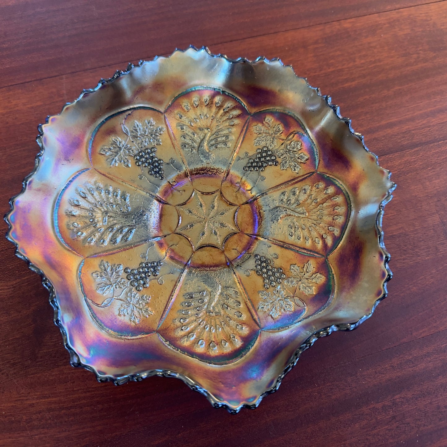 Vintage FENTON Peacock & Grape Electric Blue Carnival Glass Bowl