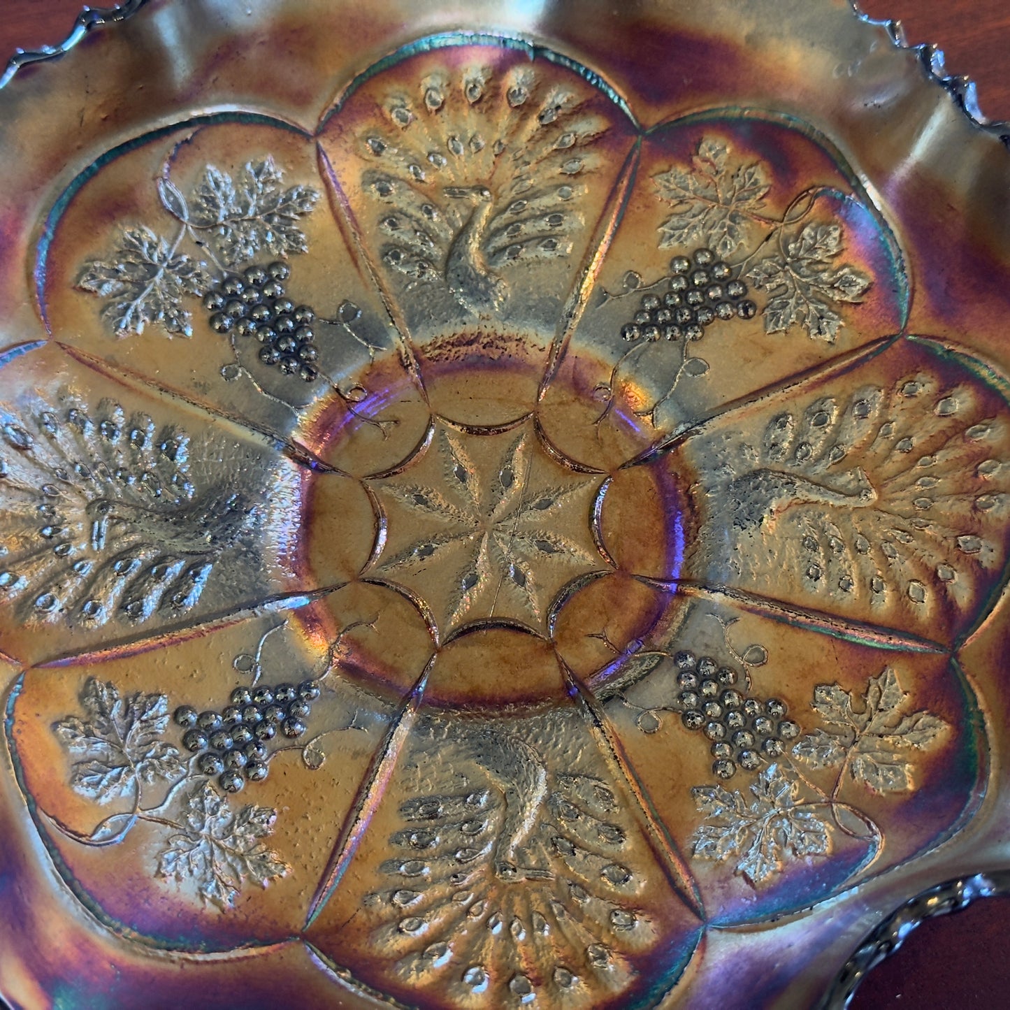 Vintage FENTON Peacock & Grape Electric Blue Carnival Glass Bowl