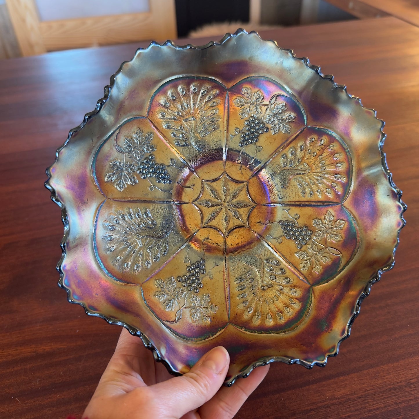 Vintage FENTON Peacock & Grape Electric Blue Carnival Glass Bowl