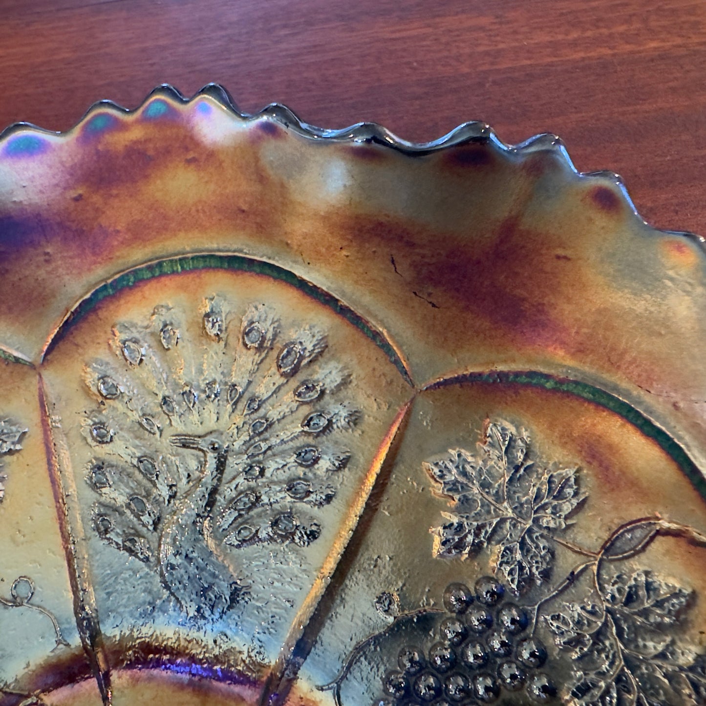 Vintage FENTON Peacock & Grape Electric Blue Carnival Glass Bowl