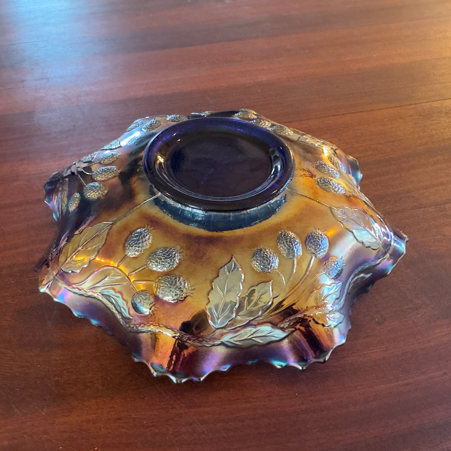 Vintage FENTON Peacock & Grape Electric Blue Carnival Glass Bowl