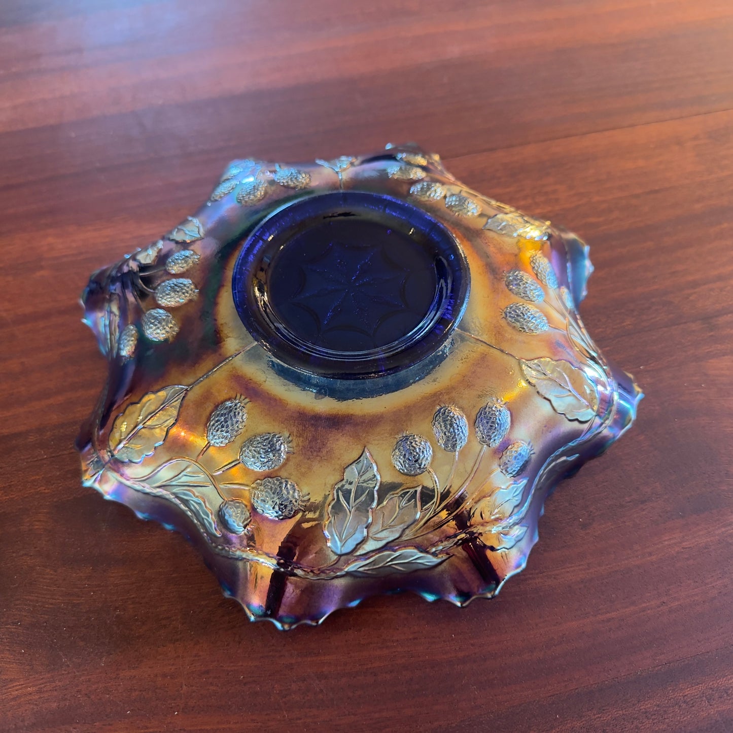 Vintage FENTON Peacock & Grape Electric Blue Carnival Glass Bowl
