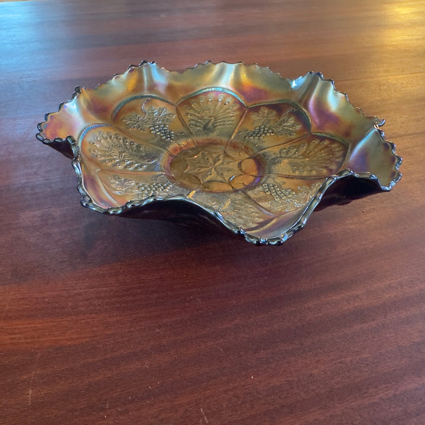 Vintage FENTON Peacock & Grape Electric Blue Carnival Glass Bowl
