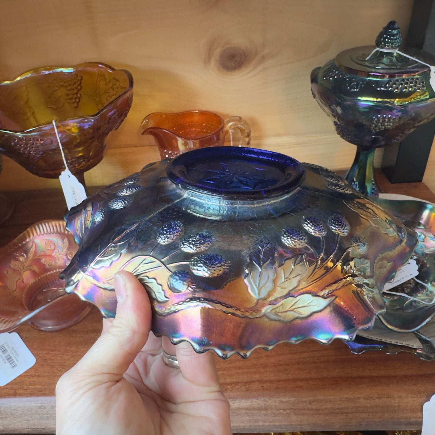 Vintage FENTON Peacock & Grape Electric Blue Carnival Glass Bowl