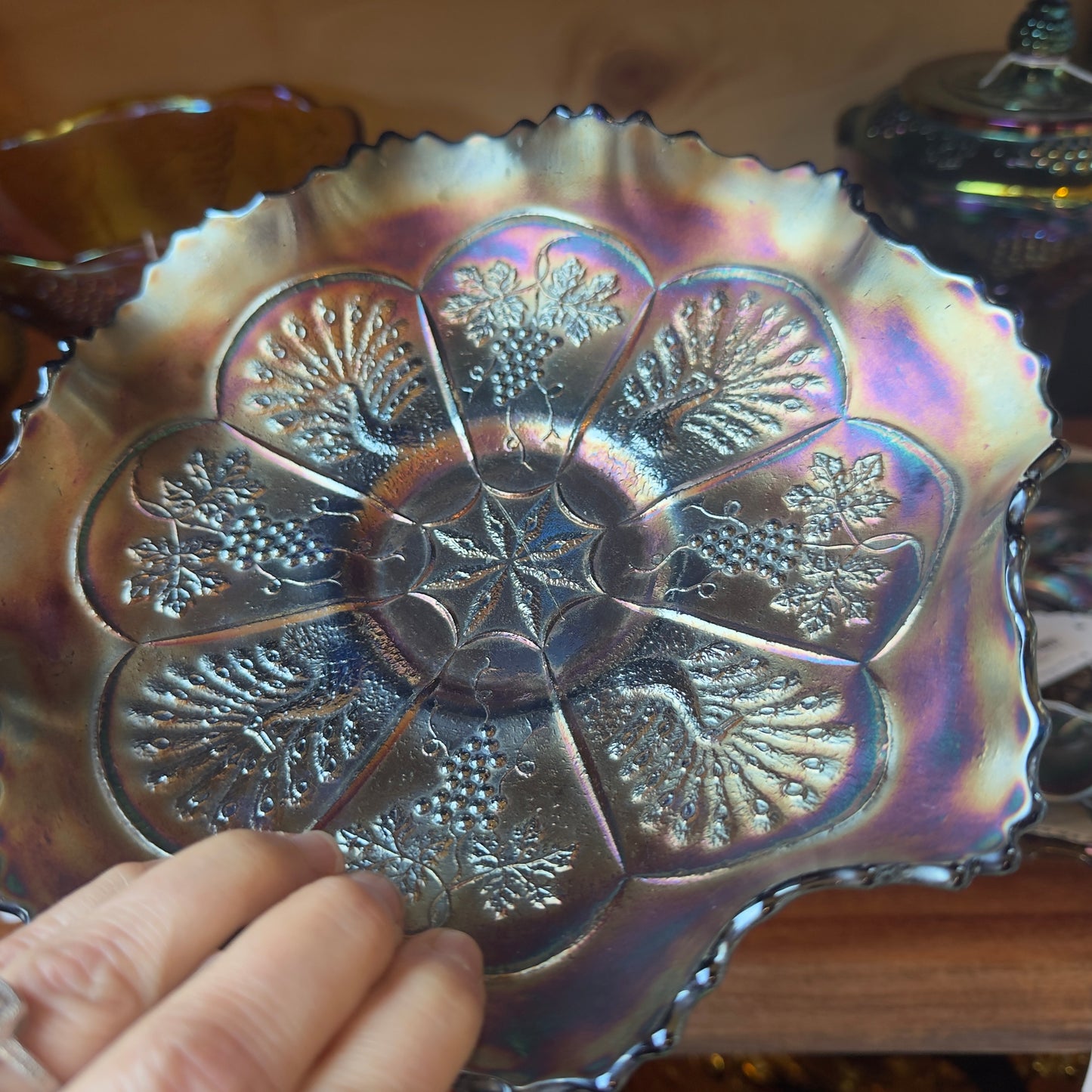 Vintage FENTON Peacock & Grape Electric Blue Carnival Glass Bowl