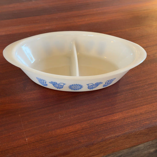 Glasbake Blue Birds & Flower Divided Casserole