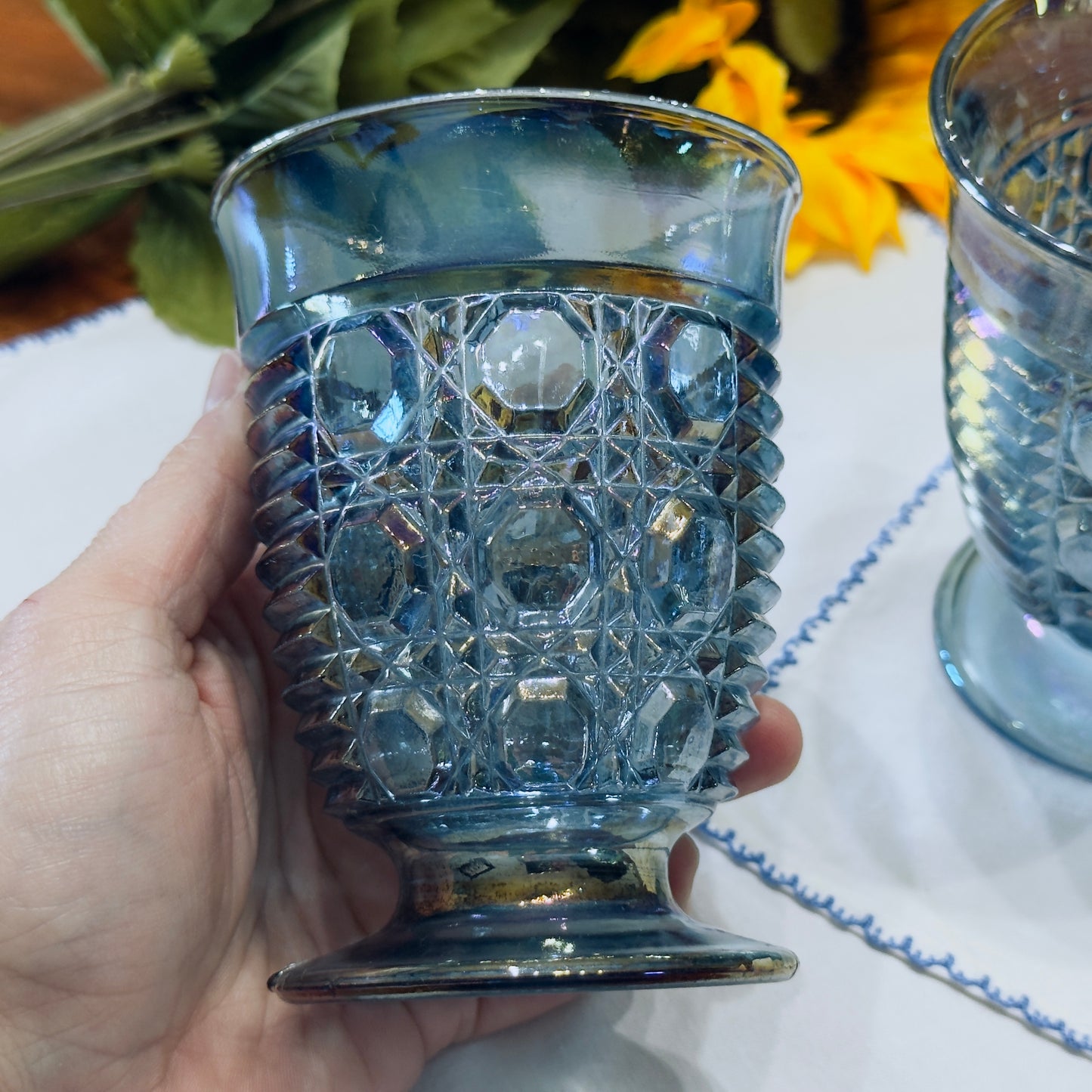 Windsor Blue Carnival Glass Juice Glasses
