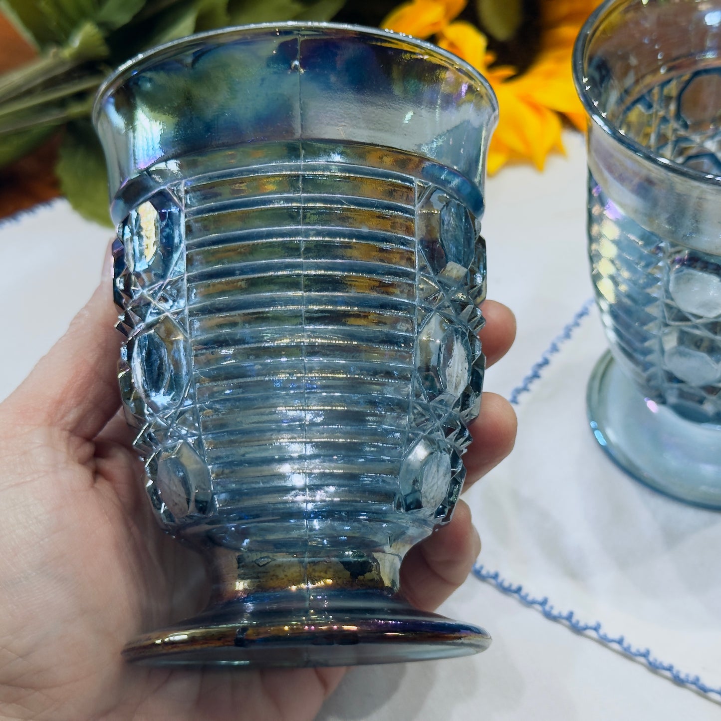 Windsor Blue Carnival Glass Juice Glasses