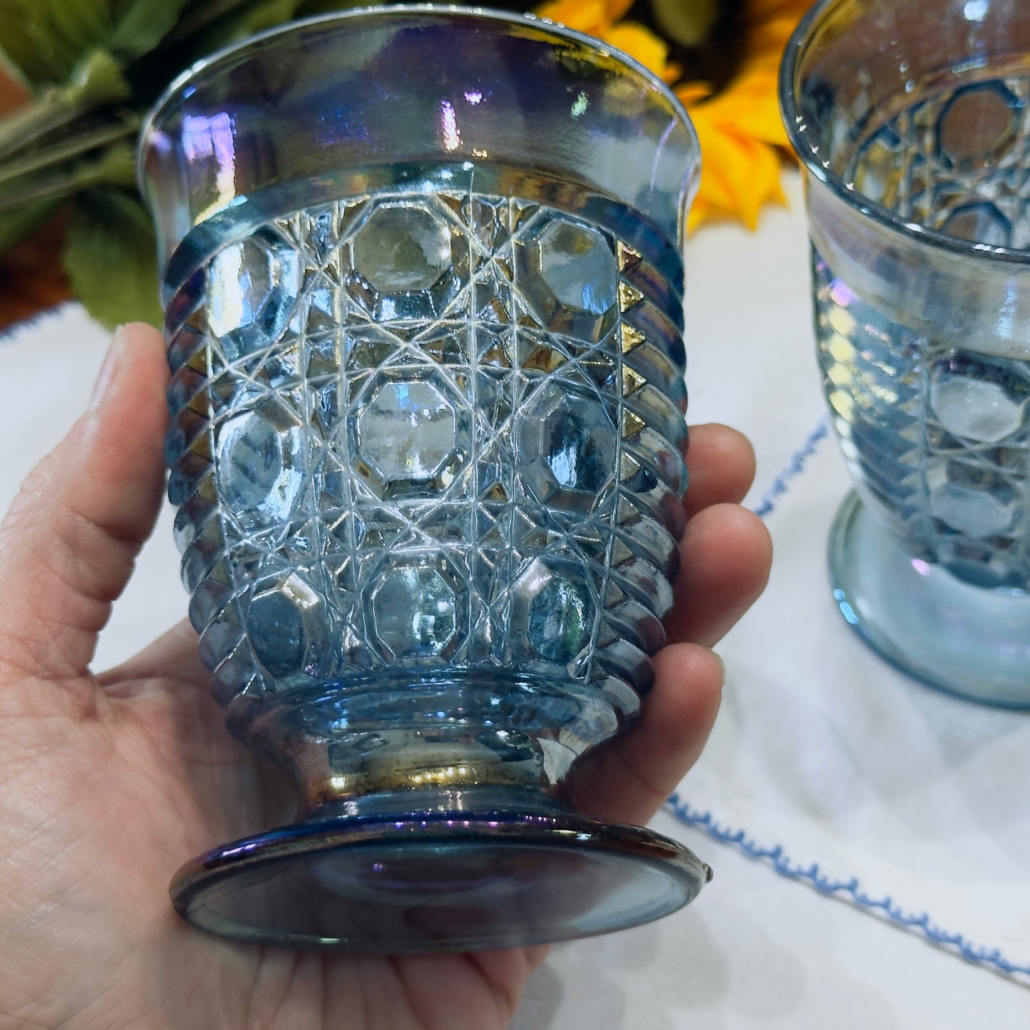 Windsor Blue Carnival Glass Juice Glasses