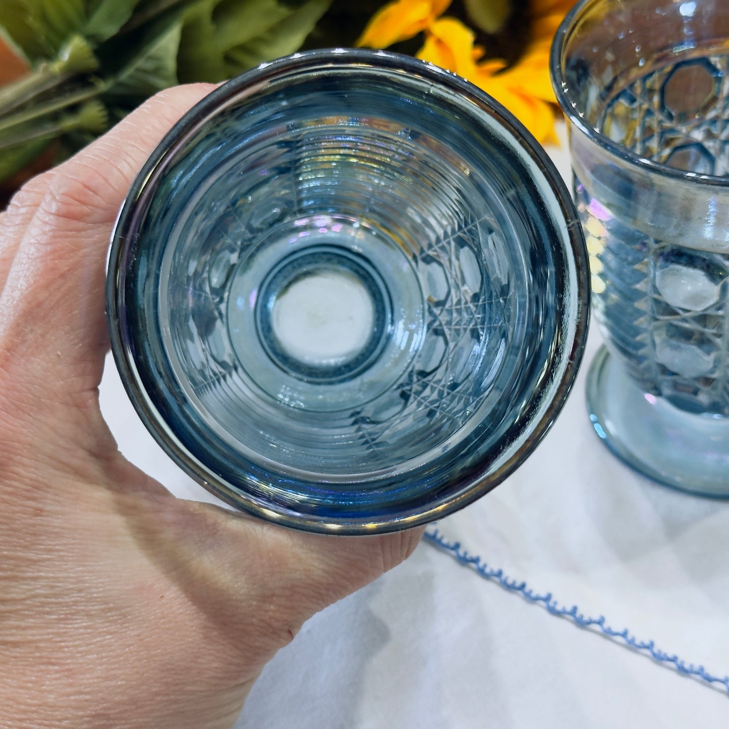 Windsor Blue Carnival Glass Juice Glasses