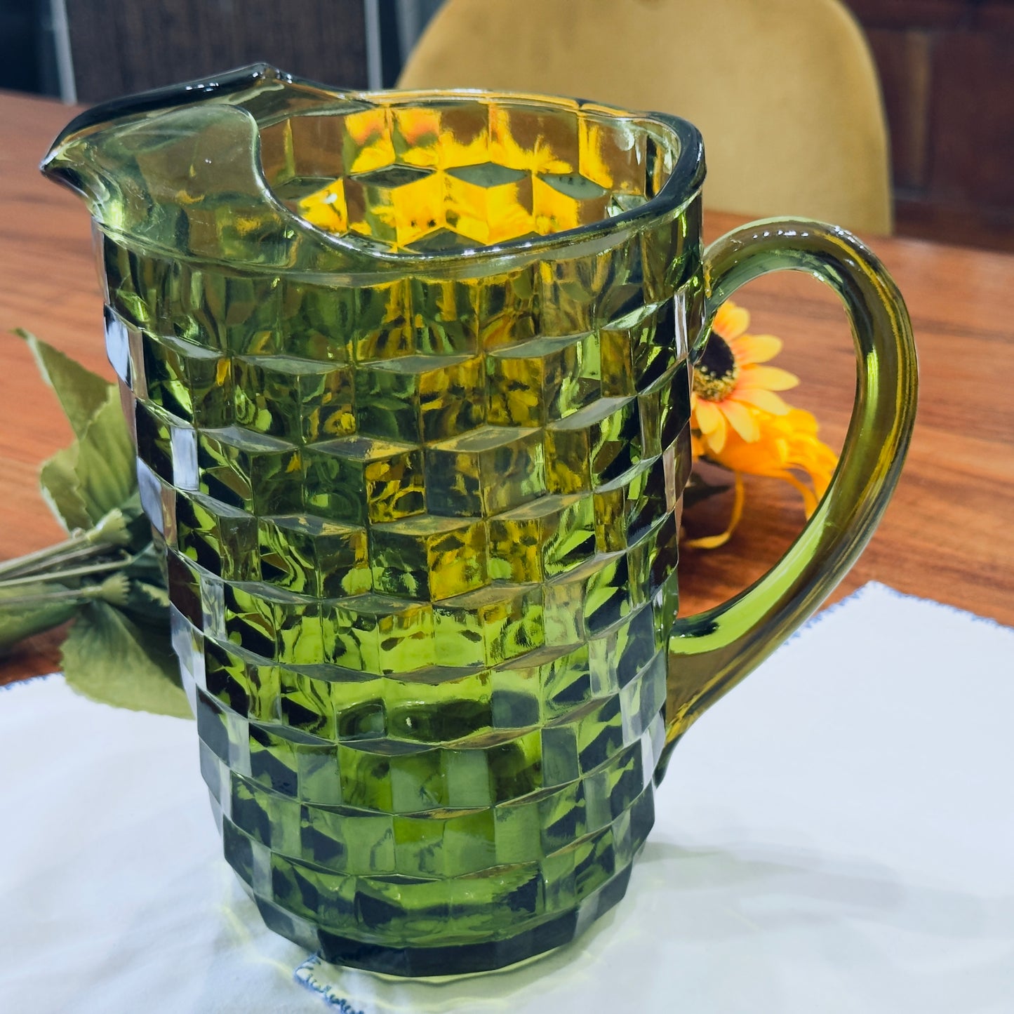 Vintage Indiana Whitehall Green Glass Pitcher