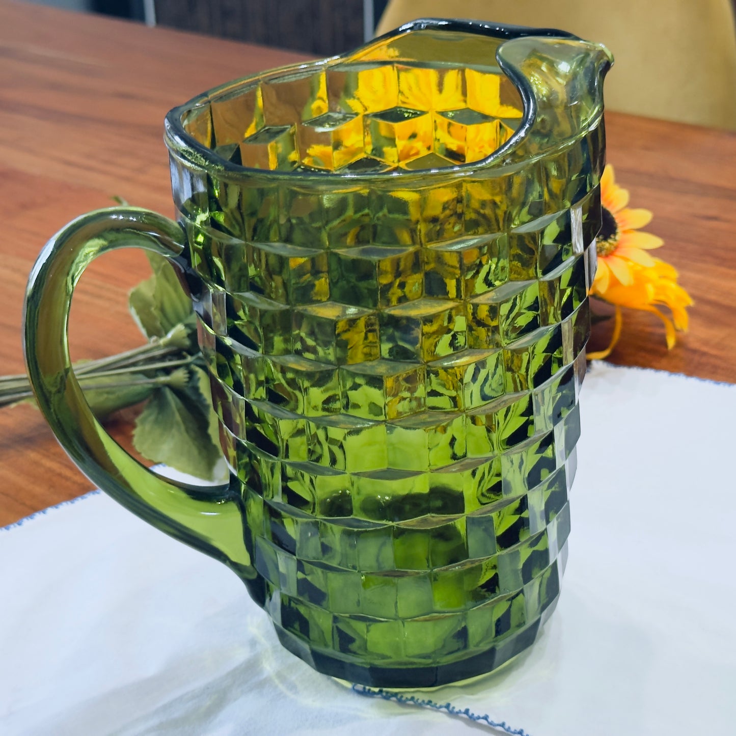 Vintage Indiana Whitehall Green Glass Pitcher