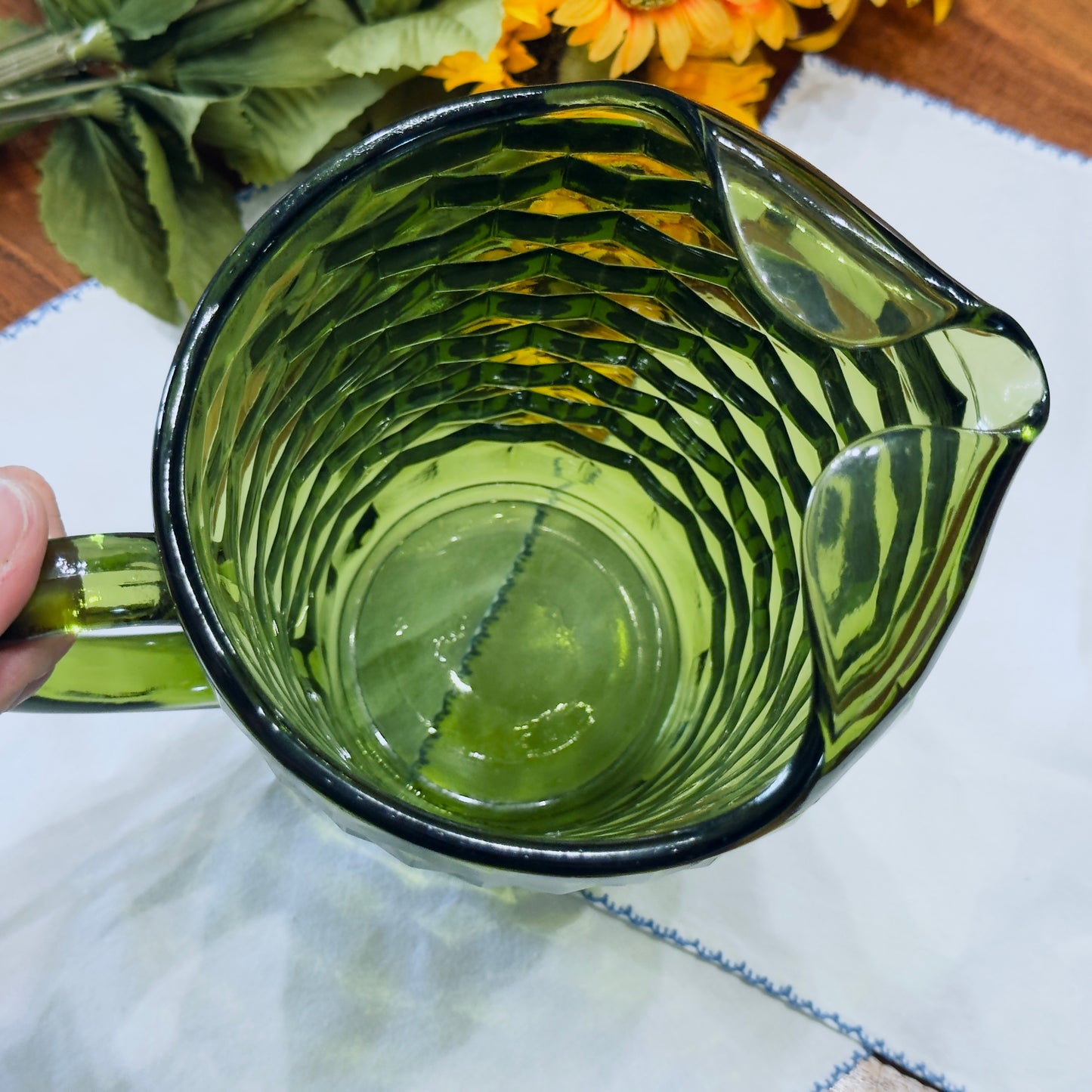 Vintage Indiana Whitehall Green Glass Pitcher