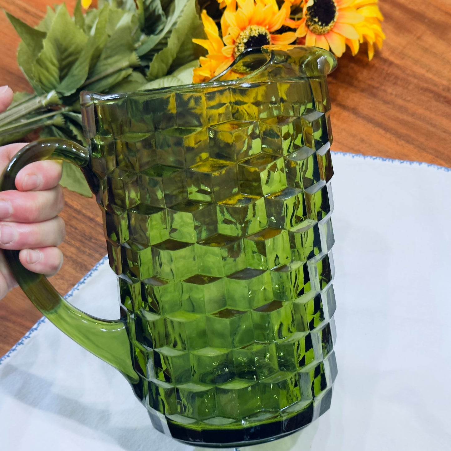 Vintage Indiana Whitehall Green Glass Pitcher
