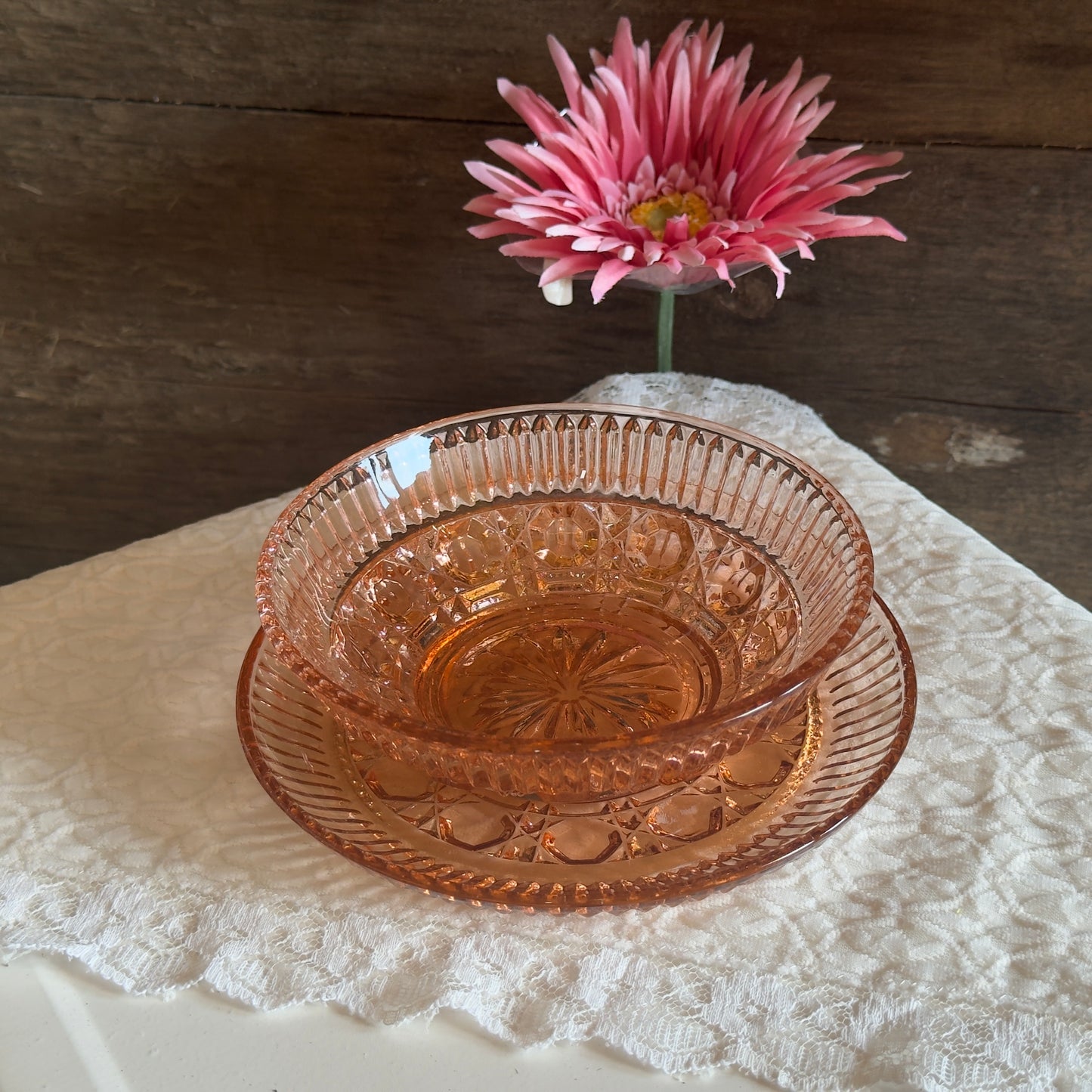 Indiana Glass Windsor Pink (Peach Ballard) Mayonnaise Bowl & Underplate