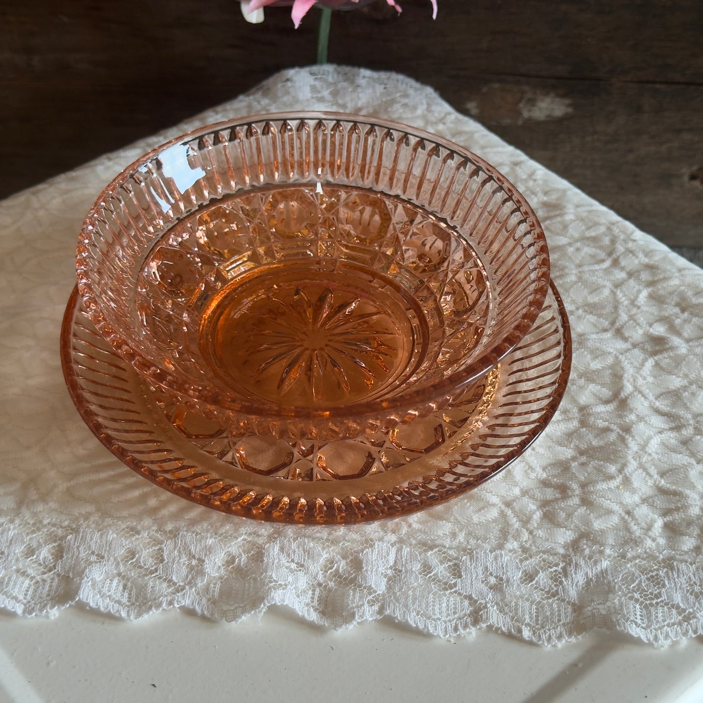Indiana Glass Windsor Pink (Peach Ballard) Mayonnaise Bowl & Underplate