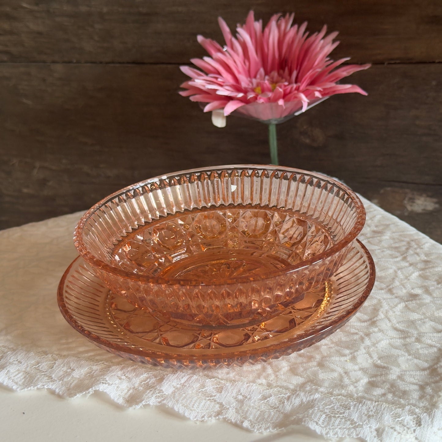 Indiana Glass Windsor Pink (Peach Ballard) Mayonnaise Bowl & Underplate