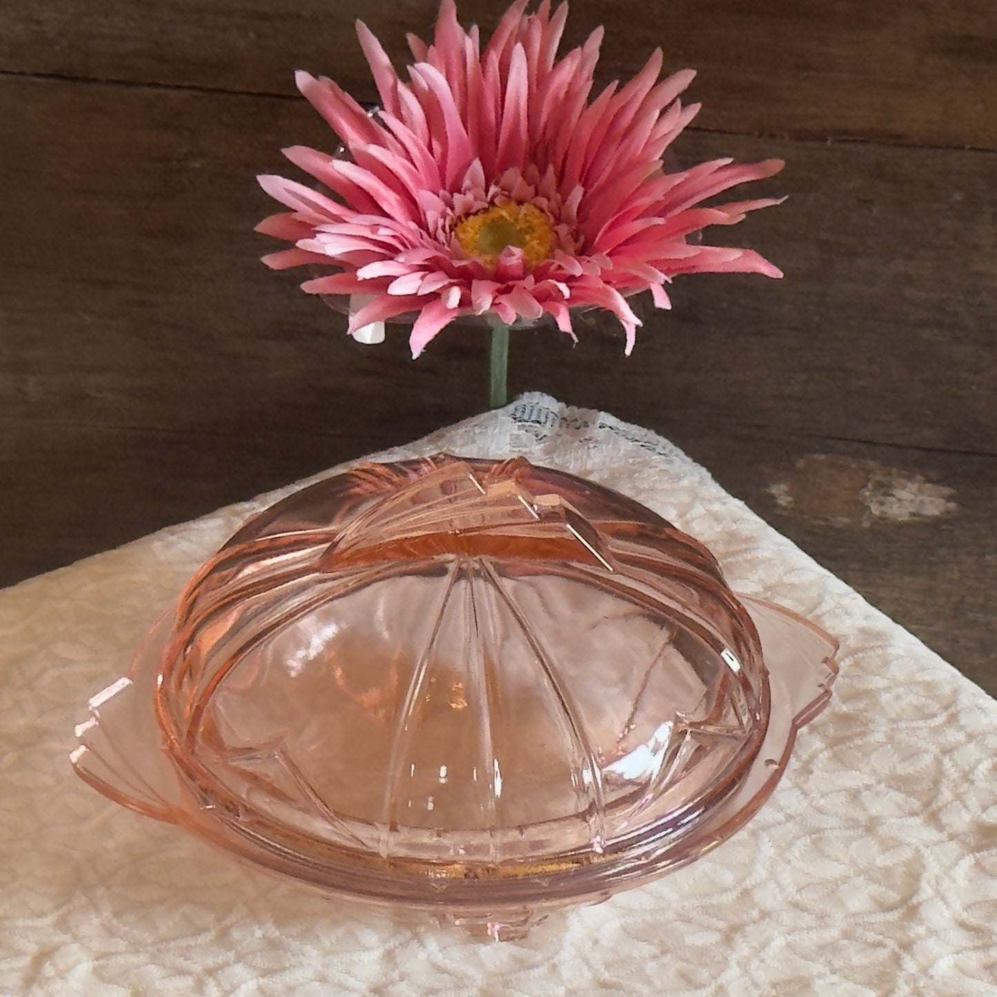 Art Deco Pink Depression Glass Covered Butter/Candy Dish