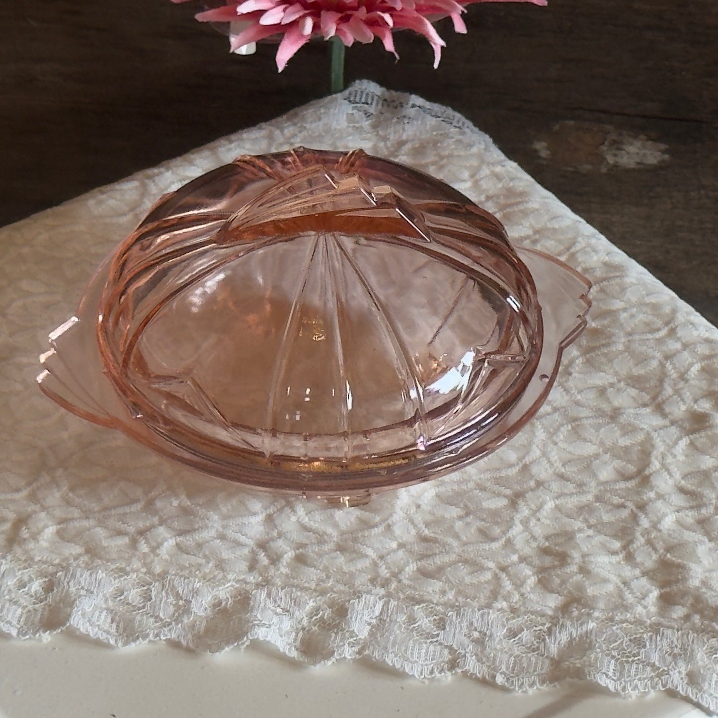 Art Deco Pink Depression Glass Covered Butter/Candy Dish