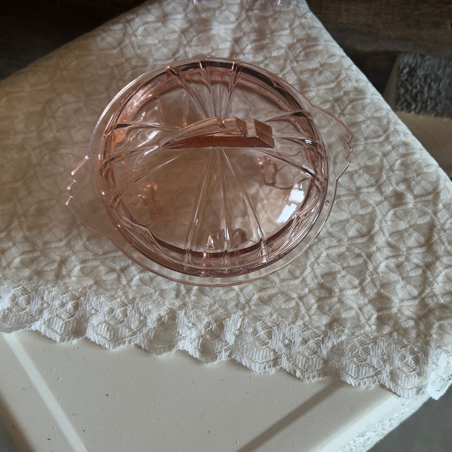 Art Deco Pink Depression Glass Covered Butter/Candy Dish