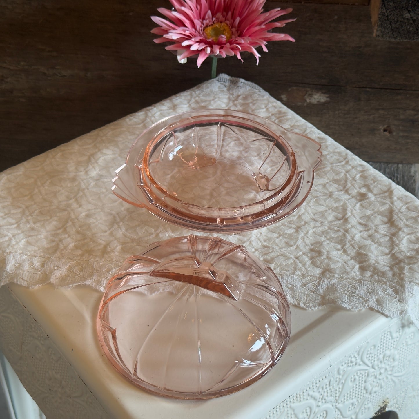 Art Deco Pink Depression Glass Covered Butter/Candy Dish