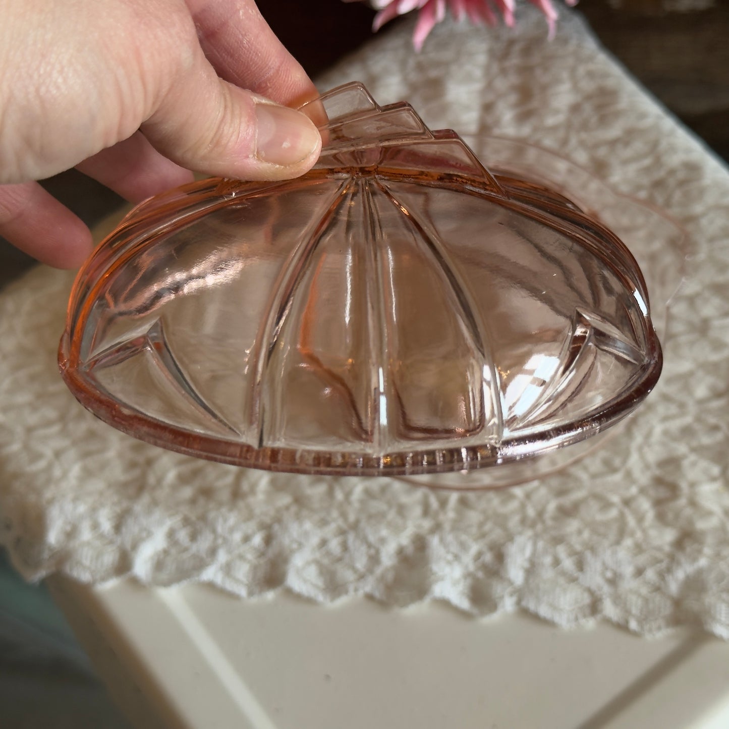 Art Deco Pink Depression Glass Covered Butter/Candy Dish