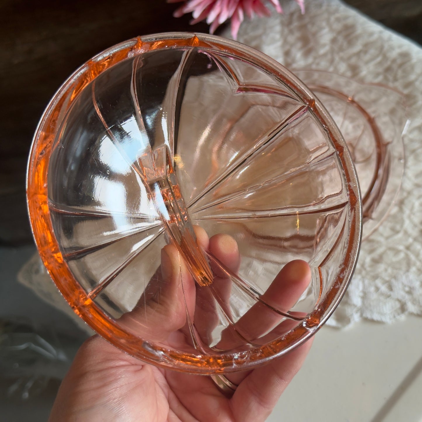 Art Deco Pink Depression Glass Covered Butter/Candy Dish