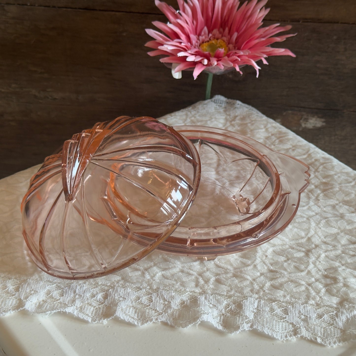 Art Deco Pink Depression Glass Covered Butter/Candy Dish