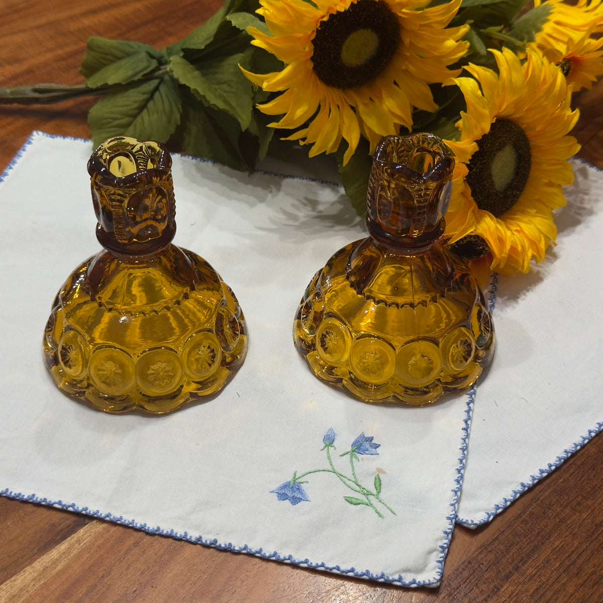 L.E. Smith Amber Glass Moon and Stars Candlestick Holders