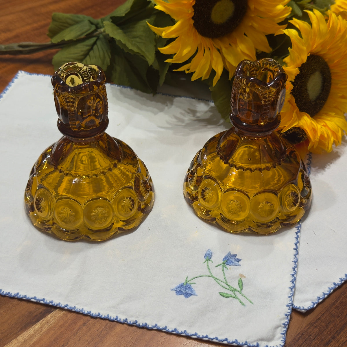 L.E. Smith Amber Glass Moon and Stars Candlestick Holders