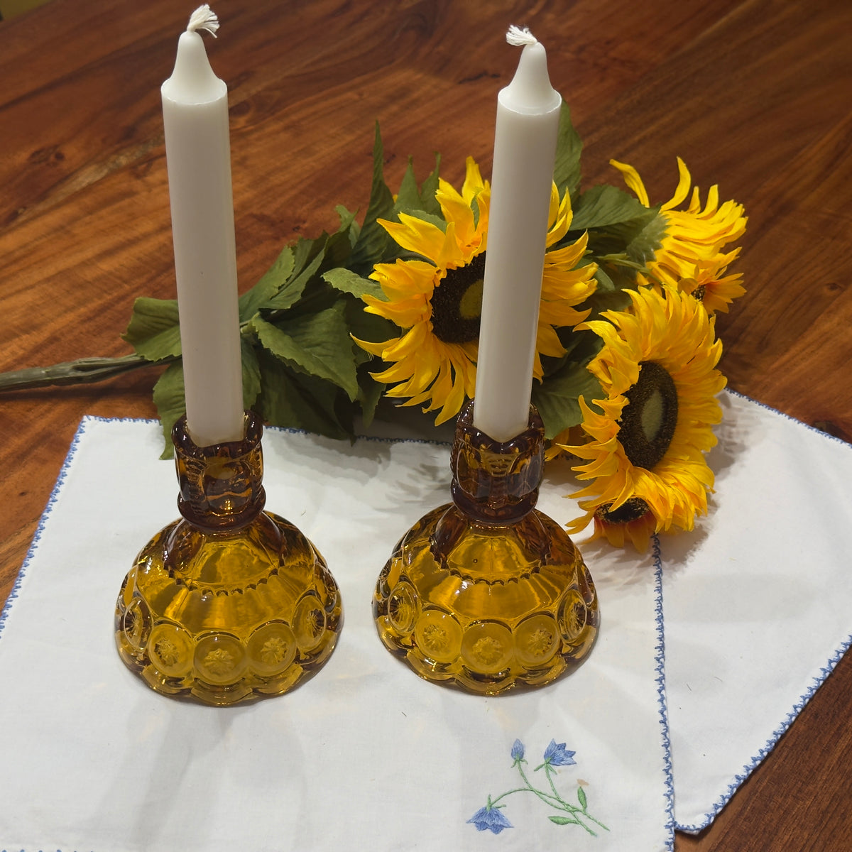L.E. Smith Amber Glass Moon and Stars Candlestick Holders