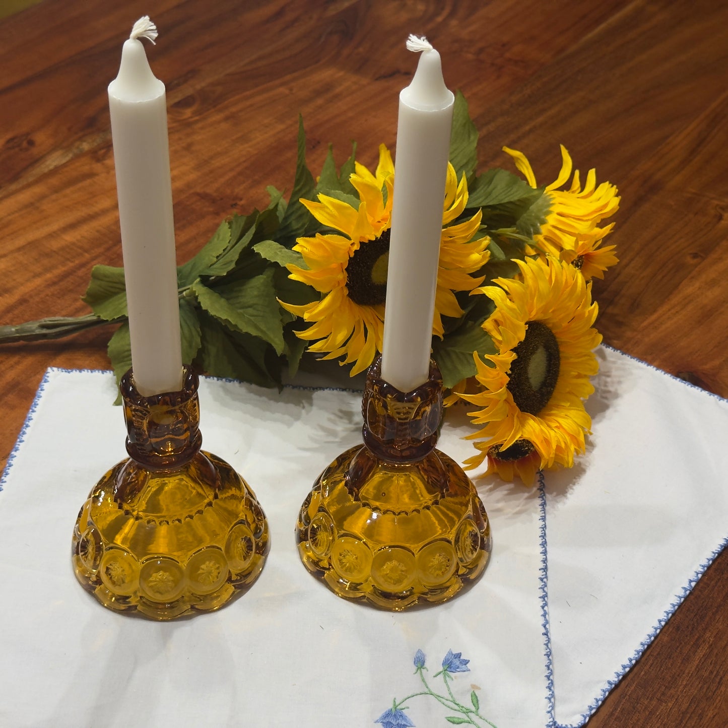 L.E. Smith Amber Glass Moon and Stars Candlestick Holders
