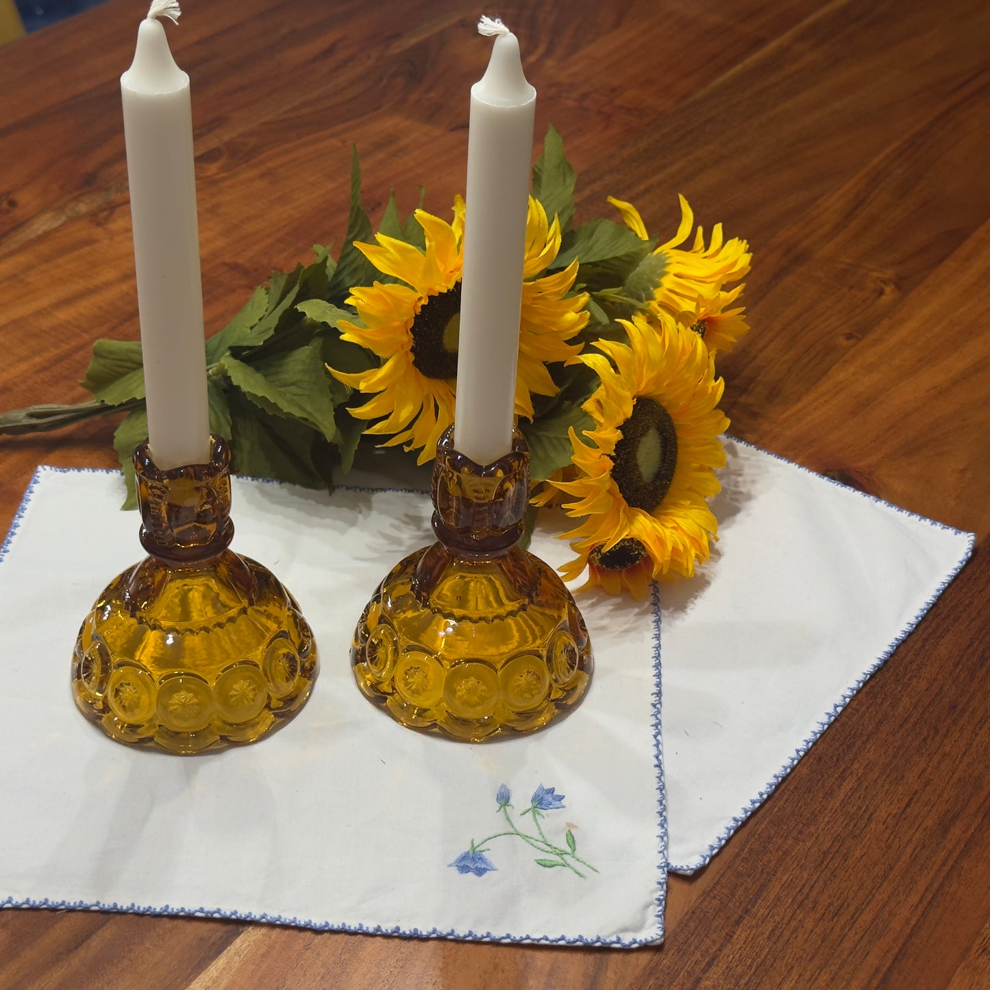 L.E. Smith Amber Glass Moon and Stars Candlestick Holders