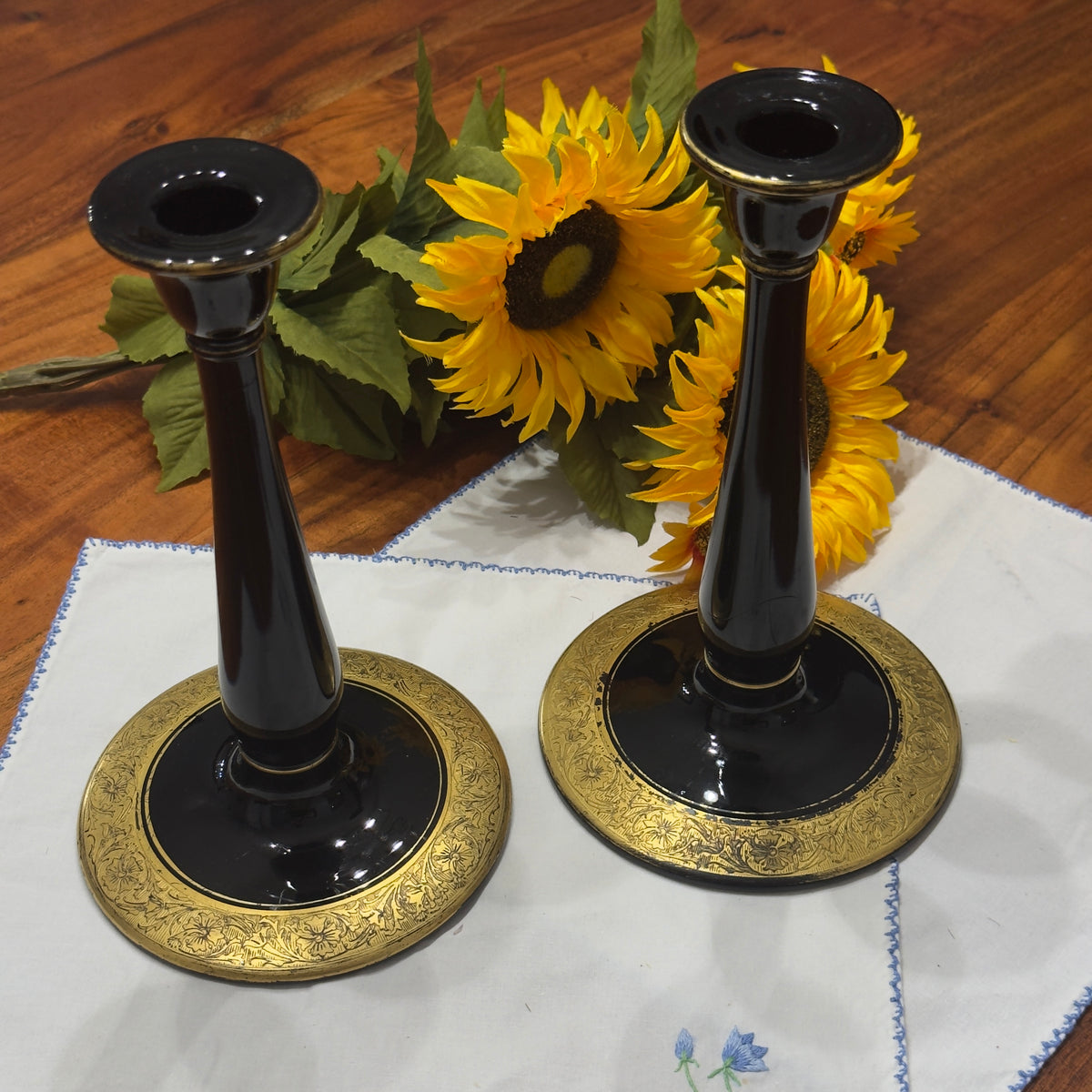 Black Glass with Gold Gilt Candlestick Holders
