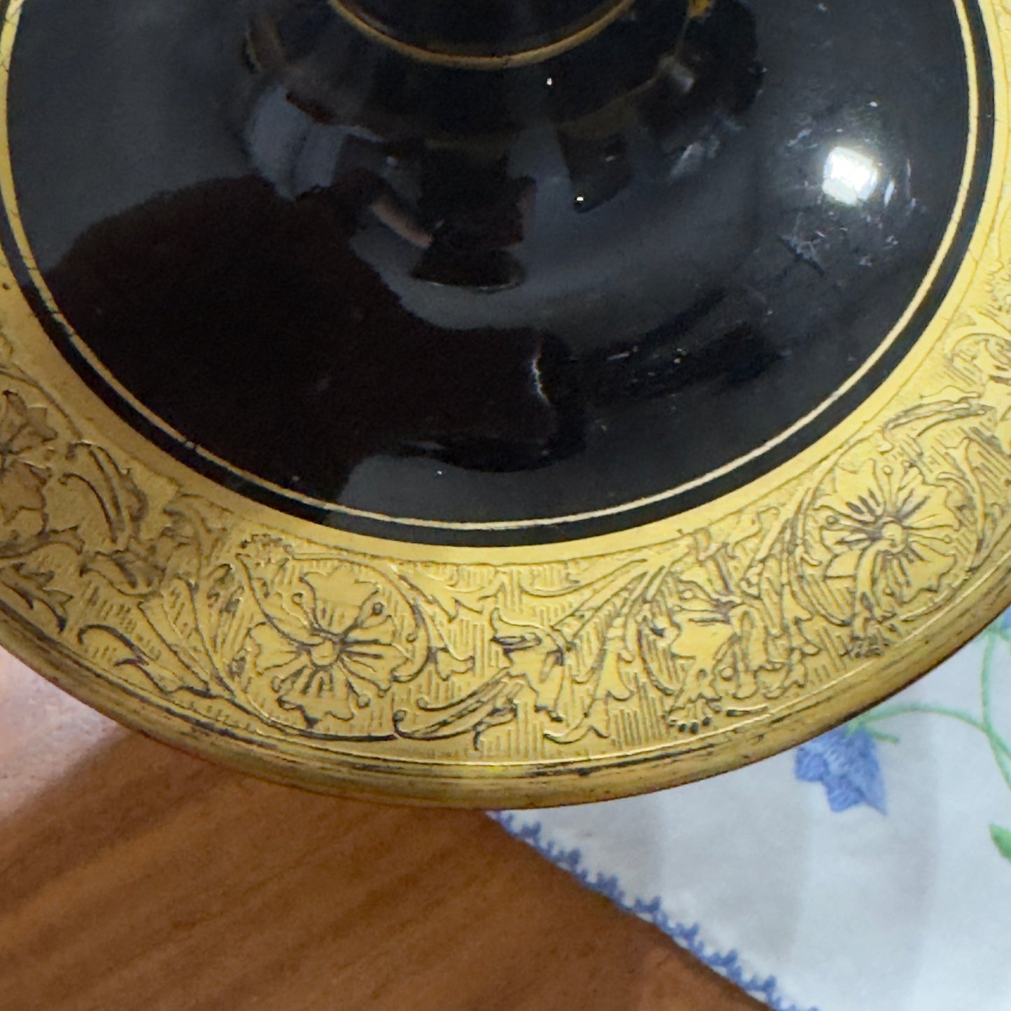 Black Glass with Gold Gilt Candlestick Holders