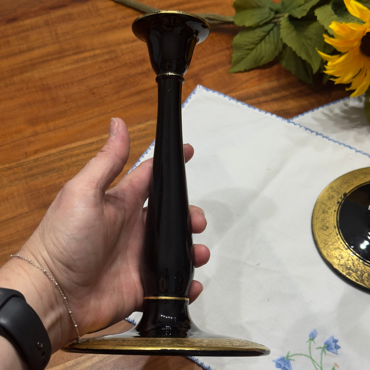 Black Glass with Gold Gilt Candlestick Holders
